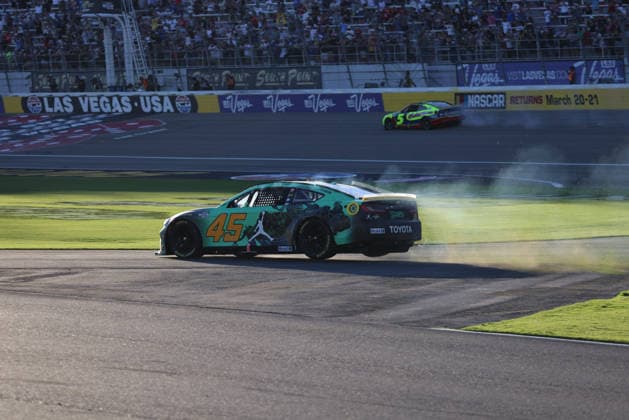 LAS VEGAS, CA - OCTOBER 04: Tyler Reddick ( 45 23XI Racing Jordan Brand Toyota) slides through the infield and into pit row after spinning out during the South Point 400 NASCAR, Motorsport, USA Cup Series Chase playoff race on October 4, 2026 at Las Vegas Motor Speedway in Las Vegas, NV. (Photo by Marc Sanchez LVMS Icon Sportswire) AUTO: OCT 04 NASCAR Cup Series Playoffs South Point 400 EDITORIAL USE ONLY Icon14426100424537