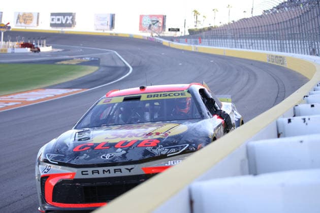 LAS VEGAS, CA - OCTOBER 04: Chase Briscoe ( 19 Joe Gibbs Racing Bass Pro Shops Toyota) celebrates after winning the South Point 400 NASCAR, Motorsport, USA Cup Series Chase playoff race on October 4, 2026 at Las Vegas Motor Speedway in Las Vegas, NV. (Photo by Matthew Bolt LVMS Icon Sportswire) AUTO: OCT 04 NASCAR Cup Series Playoffs South Point 400 EDITORIAL USE ONLY Icon26100430489