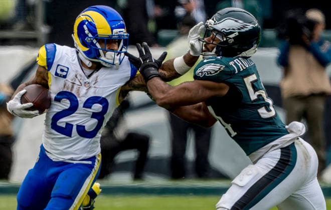 October 4, 2026, Philadelphia, Pa, USA: Oct 4, 2026; Philadelphia, PA, USA; Los Angeles Rams running back Kyren Williams (23) stiff arms Philadelphia Eagles linebacker Jeremiah Trotter Jr. (54) as he heads to the sidelines on a rushign attempt during the Rams 24-20 win against the Eagles at Lincoln Financial Field. Mandatory Credit: -Cal Media Philadelphia USA - ZUMAcs17 20261004_faf_cs17_190 Copyright: xScottxSeriox