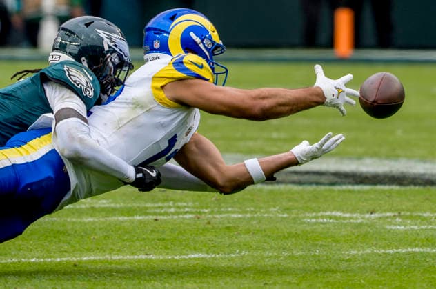 October 4, 2026, Philadelphia, Pa, USA: Oct 4, 2026; Philadelphia, PA, USA;Los Angeles Rams wide receiver Puka Nacua (12) extends and just misses a pass during the Rams 24-20 win against the Eagles at Lincoln Financial Field. Mandatory Credit: -Cal Media Philadelphia USA - ZUMAcs17 20261004_faf_cs17_191 Copyright: xScottxSeriox