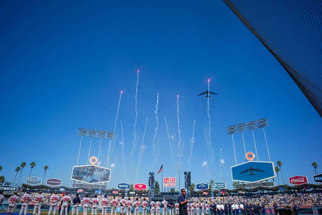October 3, 2026, Los Angeles, California, USA: A B-52 Stratofortress conducts a flyover during the pregame ceremony honoring Lt. Col. Gabriel Estrella, who was killed in a recent B-52 crash, before NLDS Game 1 between the Los Angeles Dodgers and Atlanta Braves on Saturday, October 3, 2026, at Dodger Stadium in Los Angeles, California. . Los Angeles USA - ZUMAa60_ 20261003_zaf_a60_049 Copyright: xArmandoxArorizox USA News - October 3, 2026 - ZUMA0868 0868553138st Copyright: xIMAGO ArmandoxArorizox
