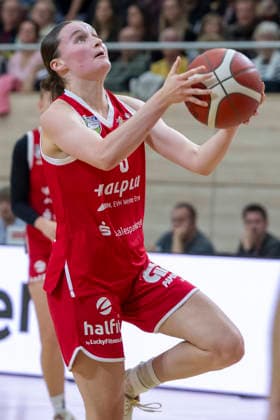Toyota DBBL 2026–2027 HalFit Lions vs. TK Hannover Halle Saale, Germany, October 4, 2026. Pictured: Nicole Brochlitz of Halle with the ball, Halle Saale swh Arena, Saxony-Anhalt, Germany