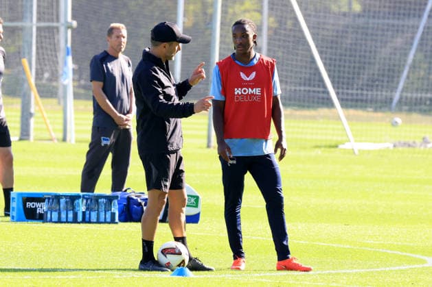 October 5, 2026, Germany, Soccer, 2. Bundesliga, 2026–2027 season, Sportforum, Hertha BSC, Head Coach Stefan Leitl leading Hertha BSC Berlin in training, Jelani Ndi of Hertha BSC Berlin. DFB and DFL regulations prohibit any use of photographs as image sequences and or quasi-video. nordphoto GmbH, Engler, Berlin; Sportforum, Berlin, Germany Copyright: xNordphotox xEnglerx