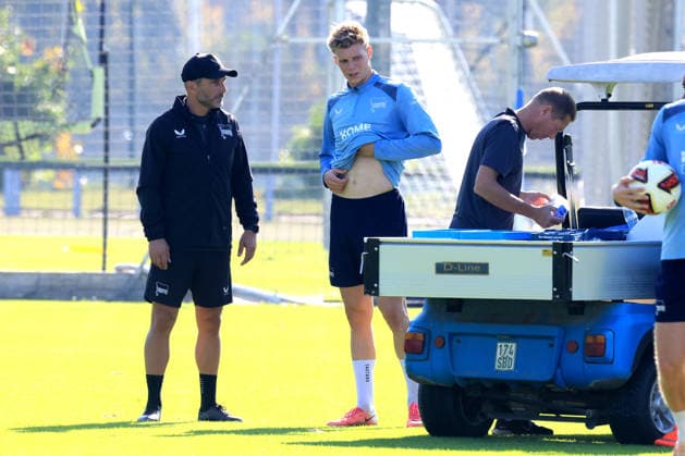 October 5, 2026, Germany, Soccer, 2. Bundesliga, 2026–2027 season, Sportforum, Hertha BSC, Head Coach Stefan Leitl leading training at Hertha BSC Berlin, Jan Luca Schuler of Hertha BSC Berlin. DFB and DFL regulations prohibit any use of photographs as image sequences and or quasi-video. nordphoto GmbH, Engler, Berlin; Sportforum, Berlin, Germany Copyright: xNordphotox xEnglerx