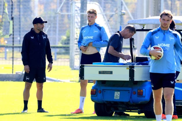 October 5, 2026, Germany, Soccer, 2. Bundesliga, 2026–2027 season, Sportforum, Hertha BSC, Head Coach Stefan Leitl leading training at Hertha BSC Berlin, Jan Luca Schuler of Hertha BSC Berlin. DFB and DFL regulations prohibit any use of photographs as image sequences and or quasi-video. nordphoto GmbH, Engler, Berlin; Sportforum, Berlin, Germany Copyright: xNordphotox xEnglerx