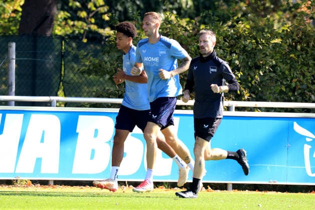 October 5, 2026, Germany, Soccer, 2. Bundesliga, 2026–2027 season, Sportforum, Hertha BSC, Training: Oluwaseum Adewumi, Hertha BSC Berlin 19, Gustaf Nilsson, Hertha BSC Berlin 9, fitness trainer Hendrik Vieth, Hertha BSC, 2nd Division. DFB and DFL regulations prohibit any use of photographs as image sequences and or quasi-video. nordphoto GmbH, Engler, Berlin, Sportforum, Berlin, Germany Copyright: xNordphotox xEnglerx