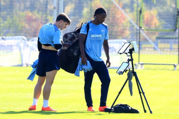 October 5, 2026, Germany, Soccer, 2. Bundesliga, 2026–2027 Season, Sportforum, Hertha BSC, Training: Mads Pedersen (Hertha BSC Berlin, No. 22), Jelani Ndi (Hertha BSC Berlin, No. 28), 2nd Division. DFB and DFL regulations prohibit any use of photographs as image sequences and or quasi-video. nordphoto GmbH, Engler, Berlin, Sportforum, Berlin, Germany Copyright: xNordphotox xEnglerx