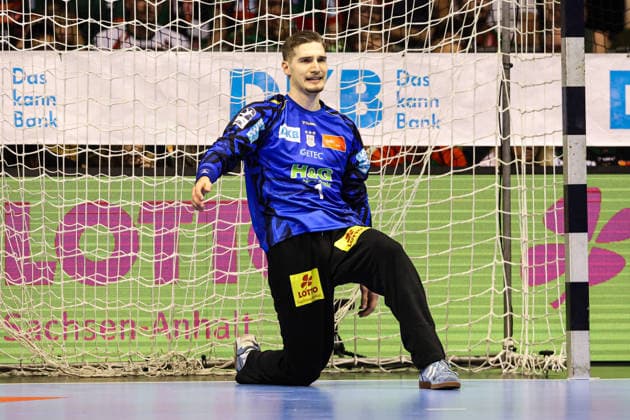 Goalkeeper Dominik Kuzmanovic, SC Magdeburg, 1st Handball Bundesliga, 2026–2027 season, SC Magdeburg vs. HC Erlangen at the GETEC Arena in Magdeburg; cutout, action, handball, Germany, October 4, 2026