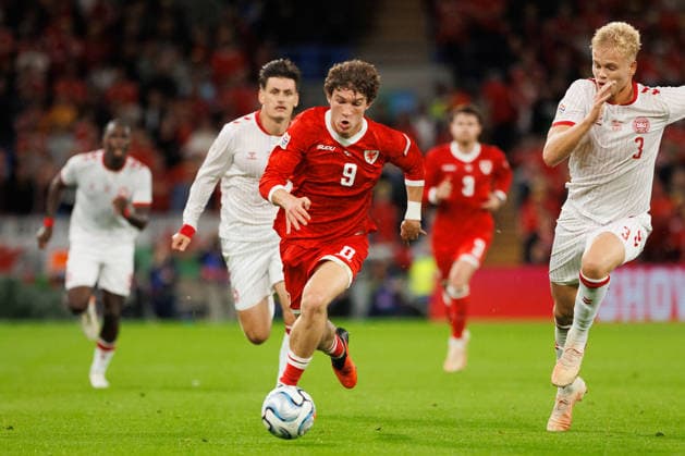 RECORD DATE NOT STATED 4th October 2026; Cardiff City Stadium, Cardiff, Wales; UEFA Nations League Football, Wales versus Denmark; Lewis Koumas of Wales dribbles ball on breakaway AmandaxMcMaster
