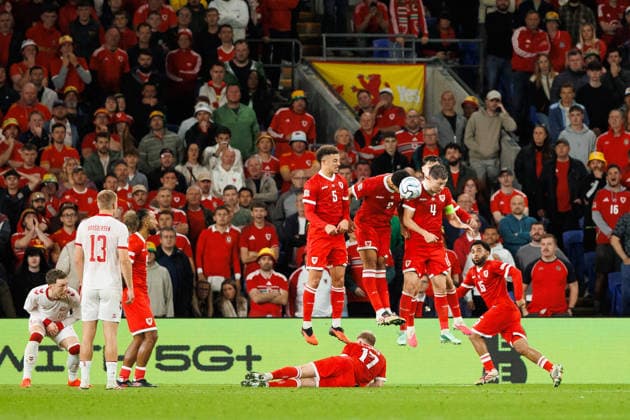 RECORD DATE NOT STATED 4th October 2026; Cardiff City Stadium, Cardiff, Wales; UEFA Nations League Football, Wales versus Denmark; Wales defends Denmark& x2019;s free kick AmandaxMcMaster