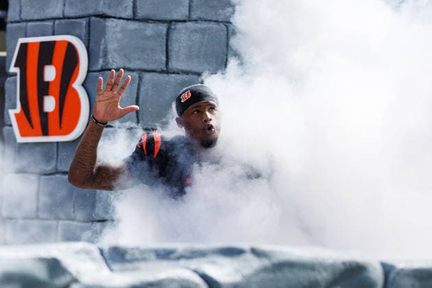 Oct 4, 2026; Cincinnati, OH, USA; Cincinnati Bengals wide receiver Tee Higgins (5) during player introductions prior to NFL, American Football Herren, USA game action against the Jacksonville Jaguars at Paycor Stadium. Mandatory Credit: -Cal Media - ZUMAc04_ 20261004_zma_c04_508 Copyright: xJohnxMersitsx