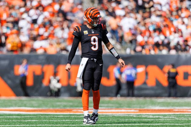 Oct 4, 2026; Cincinnati, OH, USA; Cincinnati Bengals quarterback Joe Burrow (9) during NFL, American Football Herren, USA game action against the Jacksonville Jaguars at Paycor Stadium. Mandatory Credit: -Cal Media - ZUMAc04_ 20261004_zma_c04_568 Copyright: xJohnxMersitsx