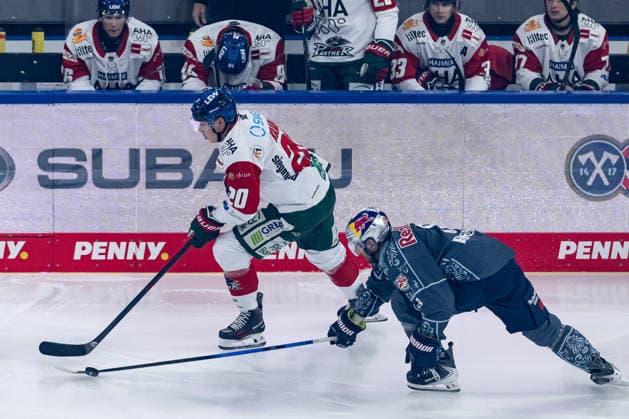 Battle for the Puck: Face-off between Philipp Krauss of the Augsburger Panther, 20, and Tobias Rieder of EHC Red Bull Munich, 08 GER, EHC Red Bull Munich vs. Augsburger Panther, DEL, 2026–2027 Season, Matchday 6, October 4, 2026 Photo: HMB Media, Franz Feiner Copyright: HMBxMedia FranzxFeiner