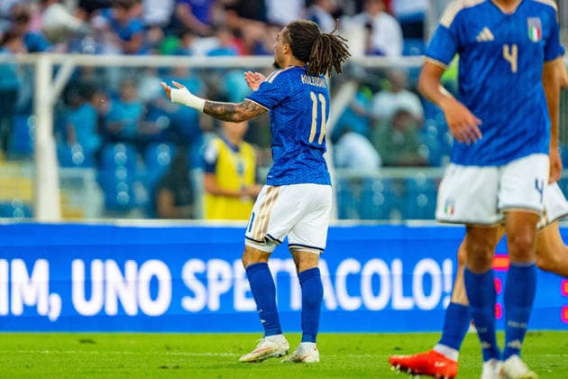 Luca Koleosho celebrating after scoring a goal seen during U21, U 21 U 21 U 21 U 21 2027 EURO Qualifying, EM, Europameisterschaft EM, Europameisterschaft EM, Europameisterschaft EM, Europameisterschaft game between national teams of Italy and Poland (Kazimierz Koper Ball Raw Images) Pescara Stadio Adriatico Italy Copyright: xKazimierzxKoperx KAZ_ITAvPOLu21-24