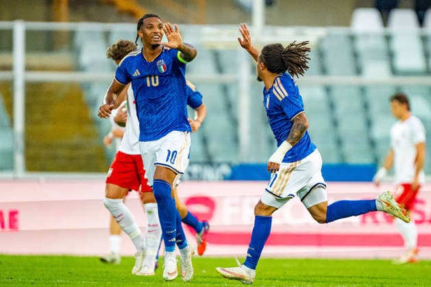 Luca Koleosho and Cher Ndour celebrating after scoring a goal seen during U21, U 21 U 21 U 21 U 21 2027 EURO Qualifying, EM, Europameisterschaft EM, Europameisterschaft EM, Europameisterschaft EM, Europameisterschaft game between national teams of Italy and Poland (Kazimierz Koper Ball Raw Images) Pescara Stadio Adriatico Italy Copyright: xKazimierzxKoperx KAZ_ITAvPOLu21-25