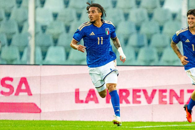 Luca Koleosho celebrating after scoring a goal seen during U21, U 21 U 21 U 21 U 21 2027 EURO Qualifying, EM, Europameisterschaft EM, Europameisterschaft EM, Europameisterschaft EM, Europameisterschaft game between national teams of Italy and Poland (Kazimierz Koper Ball Raw Images) Pescara Stadio Adriatico Italy Copyright: xKazimierzxKoperx KAZ_ITAvPOLu21-27