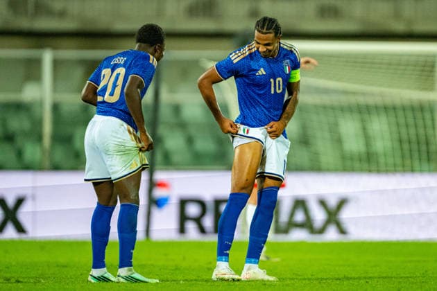 Cher Ndour and Alphadjo Cisse celebrating after scoring a goal seen during U21, U 21 U 21 U 21 U 21 2027 EURO Qualifying, EM, Europameisterschaft EM, Europameisterschaft EM, Europameisterschaft EM, Europameisterschaft game between national teams of Italy and Poland (Kazimierz Koper Ball Raw Images) Pescara Stadio Adriatico Italy Copyright: xKazimierzxKoperx KAZ_ITAvPOLu21-46