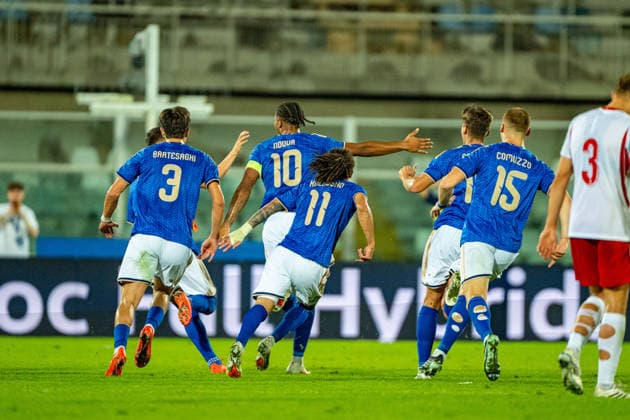 Cher Ndour celebrating after scoring a goal seen during U21, U 21 U 21 U 21 U 21 2027 EURO Qualifying, EM, Europameisterschaft EM, Europameisterschaft EM, Europameisterschaft EM, Europameisterschaft game between national teams of Italy and Poland (Kazimierz Koper Ball Raw Images) Pescara Stadio Adriatico Italy Copyright: xKazimierzxKoperx KAZ_ITAvPOLu21-49