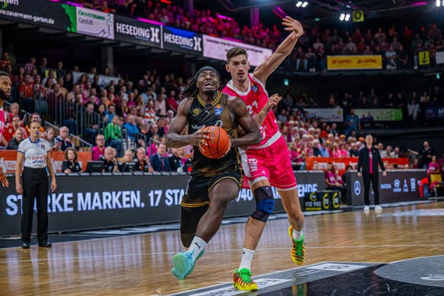 1 Basketball Bundesliga, easyCredit BBL, 2026–2027 Season, Men s Division, Regular Season, Matchday 4, October 5, 2026, RASTA Vechta vs. Basketball Löwen Braunschweig, Zaba Bangala 0; Basketball Löwen Braunschweig in action at the RASTA Dome in Vechta, Lower Saxony, Germany