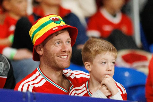 RECORD DATE NOT STATED 4th October 2026; Cardiff City Stadium, Cardiff, Wales; UEFA Nations League Football, Wales versus Denmark; Father and son support Wales AmandaxMcMaster