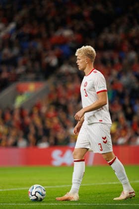 RECORD DATE NOT STATED 4th October 2026; Cardiff City Stadium, Cardiff, Wales; UEFA Nations League Football, Wales versus Denmark; Oliver Provstgaard of Denmark with possession of the ball AmandaxMcMaster