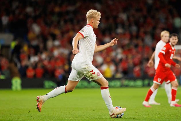 RECORD DATE NOT STATED 4th October 2026; Cardiff City Stadium, Cardiff, Wales; UEFA Nations League Football, Wales versus Denmark; Oliver Provstgaard of Denmark passes ball AmandaxMcMaster