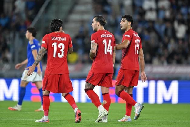 Italy v Turkiye - UEFA Nations League BOLOGNA, ITALY - OCTOBER 5: Eren Elmali (13), Abdulkerim Bardakci (14) and Ozan kabak (R) of Turkiye during the UEFA Nations League Group A1 match between Italy and Turkiye at Stadio Renato Dall Ara in Bologna, Italy on October 5, 2026. Mustafa Yalcin Anadolu Bologna Italy. Editorial use only. Please get in touch for any other usage.  Copyright: x2026xAnadoluxMustafaxYalcinx