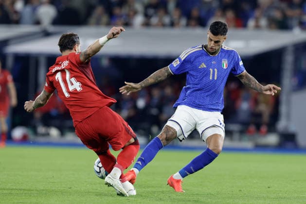 UEFA Nations League football match Italy vs Turkey Gianluca Scamacca of Italy challenges for the ball with Abdulkerim Bardakc of Turkiye during UEFA Nations League football match (League A, Group A1) between Italy vs Turkey at the Renato Dall Ara stadium in Bologna on October 05, 2026. _BPH3558 Copyright: xAntonioxBalascox