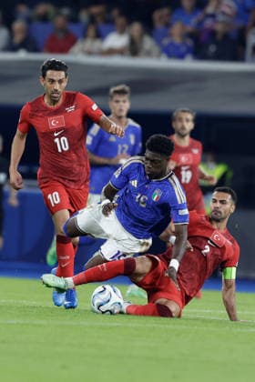 UEFA Nations League football match Italy vs Turkey Issa Doumbia of Italy challenges for the ball with Zeki Celik of Turkiye during UEFA Nations League football match (League A, Group A1) between Italy vs Turkey at the Renato Dall Ara stadium in Bologna on October 05, 2026. _BPH3748 Copyright: xAntonioxBalascox