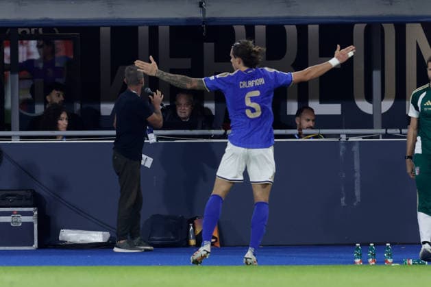 UEFA Nations League football match Italy vs Turkey Riccardo Calafiori of Italy celebrates after scoring a goal of 2-1 UEFA Nations League football match (League A, Group A1) between Italy vs Turkey at the Renato Dall Ara stadium in Bologna on October 05, 2026. _BPH4476 Copyright: xAntonioxBalascox