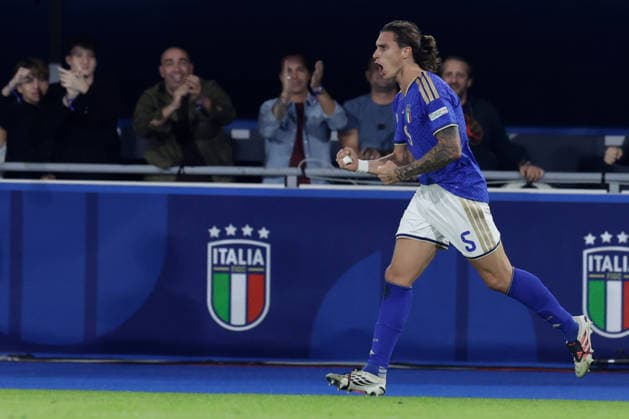UEFA Nations League football match Italy vs Turkey Riccardo Calafiori of Italy celebrates after scoring a goal of 2-1 UEFA Nations League football match (League A, Group A1) between Italy vs Turkey at the Renato Dall Ara stadium in Bologna on October 05, 2026. _BPH4518 Copyright: xAntonioxBalascox