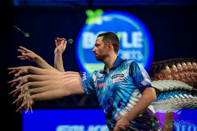 RECORD DATE NOT STATED 4th October 2026; Mattioli Arena, Leicester, England; PDC World Grand Prix Darts, World Grand Prix, Final Day; Multiple exposure of Luke Humphries in action on the oche his final match against Gerwyn Price GodfreyxPitt