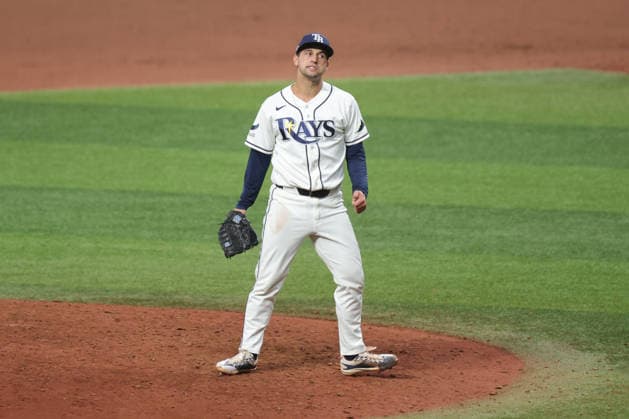 October 5, 2026, St. Petersburg, Florida, USA: Tampa Bay Rays pitcher IAN SEYMOUR (61) reacts after a strike out to end the inning in game 2 of the American League Division Series against the New York Yankees. The Tampa Bay Rays hosted the New York Yankees the at Tropicana Field in St. Petersburg, FL. St. Petersburg USA - ZUMAm299 20261005_znp_m299_012 Copyright: xTaylorxMcFeex