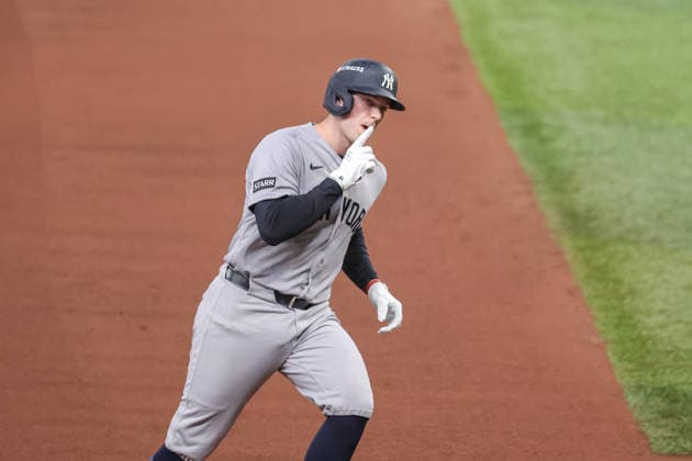 October 5, 2026, St. Petersburg, Florida, USA: New York Yankees designated hitter BEN RICE (22) gestures to the New York Yankees bench after hitting a home run in game 2 of the American League Division Series against the New York Yankees. The Tampa Bay Rays hosted the New York Yankees the at Tropicana Field in St. Petersburg, FL. St. Petersburg USA - ZUMAm299 20261005_znp_m299_013 Copyright: xTaylorxMcFeex