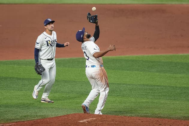 October 5, 2026, St. Petersburg, Florida, USA: Tampa Bay Rays third baseman JUNIOR CAMINERO (13) catches a pop fly in game 2 of the American League Division Series against the New York Yankees. The Tampa Bay Rays hosted the New York Yankees the at Tropicana Field in St. Petersburg, FL. St. Petersburg USA - ZUMAm299 20261005_znp_m299_018 Copyright: xTaylorxMcFeex
