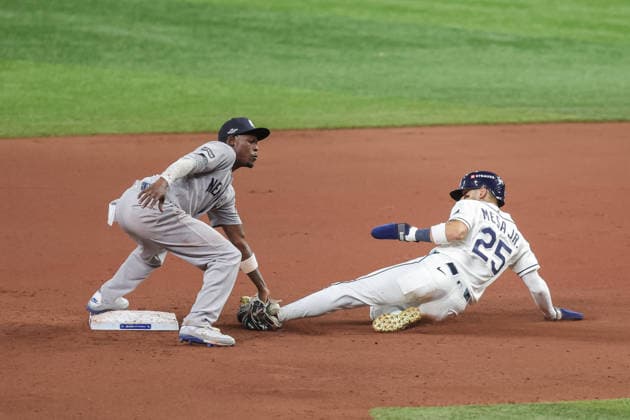 October 5, 2026, St. Petersburg, Florida, USA: Tampa Bay Rays right fielder VICTOR MESA JR. (25) slides into second base for a stolen base in game 2 of the American League Division Series against the New York Yankees. The Tampa Bay Rays hosted the New York Yankees the at Tropicana Field in St. Petersburg, FL. St. Petersburg USA - ZUMAm299 20261005_znp_m299_029 Copyright: xTaylorxMcFeex