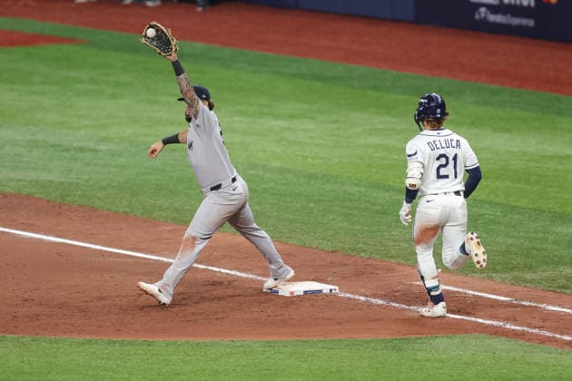 October 5, 2026, St. Petersburg, Florida, USA: New York Yankees first baseman LUIS GARCoÂA JR. (26) catches the ball at first base for an out during game 2 of the American League Division Series against the Tampa Bay Rays. The Tampa Bay Rays hosted the New York Yankees the at Tropicana Field in St. Petersburg, FL. MLB, Baseball Herren, USA 2026: Tampa Bay Rays 5:2 New York Yankees  - ZUMAm299 20261005_znp_m299_043 Copyright: xTaylorxMcFeex