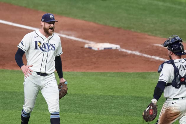 October 5, 2026, St. Petersburg, Florida, USA: Tampa Bay Rays pitcher BRYAN BAKER (47) reacts after closing game 2 of the American League Division Series against the New York Yankees. The Tampa Bay Rays hosted the New York Yankees the at Tropicana Field in St. Petersburg, FL. St. Petersburg USA - ZUMAm299 20261005_znp_m299_038 Copyright: xTaylorxMcFeex