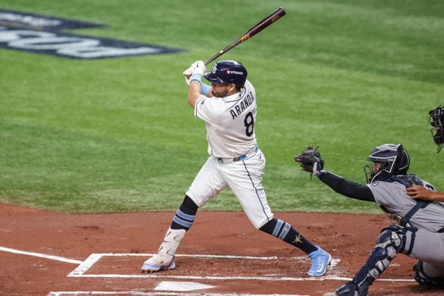 October 5, 2026, St. Petersburg, Florida, USA: Tampa Bay Rays first baseman JONATHAN ARANDA (8) at the plate during game 2 of the American League Division Series against the New York Yankees. The Tampa Bay Rays hosted the New York Yankees the at Tropicana Field in St. Petersburg, FL. MLB, Baseball Herren, USA 2026: Tampa Bay Rays 5:2 New York Yankees  - ZUMAm299 20261005_znp_m299_051 Copyright: xTaylorxMcFeex