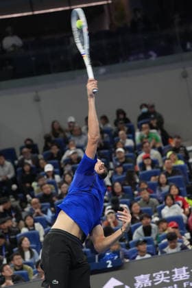(261006) -- BEIJING, Oct. 6, 2026 -- Daniil Medvedev serves during the men s singles semifinal match between Daniil Medvedev of Russia and Novak Djokovic of Serbia at 2026 China Open tennis tournament in Beijing, China, Oct. 5, 2026. ) (SP)CHINA-BEIJING-TENNIS-CHINA OPEN-MEN S SINGLES(CN) XiexHan 