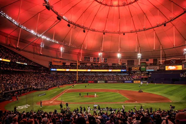 October 5, 2026, St. Petersburg, Florida, USA: A general image of the field glowing orange for the win after game two of the ALDS for the 2026 MLB, Baseball Herren, USA Playoffs between the Tampa Bay Rays and the New York Yankees on October 5, 2026 at Tropicana Field. The Rays beat the Yankees 5-2. MLB 2026: ALDS Game 2 Tampa Bay Rays 5 : 2 New York Yankees - ZUMAh180 20261005_zsp_h180_107 Copyright: xKimxHukarix