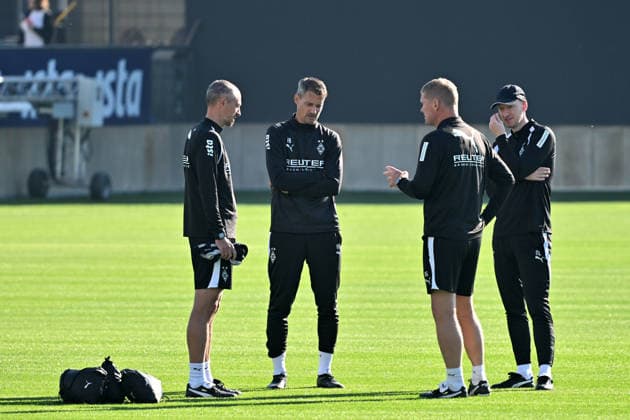 October 6, 2026, Mönchengladbach Soccer, Men s Team, 2026–2027 Season, Borussia Mönchengladbach Training: A Conversation with (from left) Jan Moritz Lichte, Assistant Coach of Gladbach; Alexander Blessin, Head Coach of Gladbach; Markus Gellhaus, Assistant Coach of Gladbach; and Niklas Lanwehr, Assistant Coach; Match Analysis; Gladbach. DFL regulations prohibit any use of photographs as image sequences and or quasi-video footage at Borussia Park, North Rhine-Westphalia, Germany
