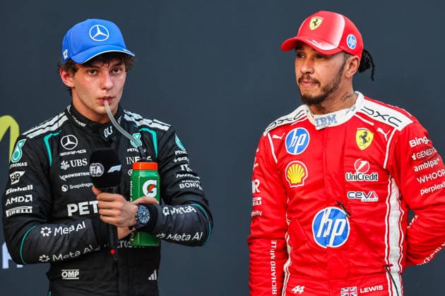 SEPANG, SGR - OCTOBER 04: Kimi Antonelli of Italy and Mercedes-AMG PETRONAS F1 Team with Lewis Hamilton of Great Britain and Scuderia Ferrari HP following the conclusion of the Formula 1 Gulf Air Bahrain Grand Prix on October 04, 2026 held at Sepang International Circuit in Sepang, Malaysia. (Photo by Hazrin Yeob Men Shah Icon Sportswire) AUTO: OCT 04 F1 Bahrain Grand Prix in Malaysia EDITORIAL USE ONLY Icon37826100410835
