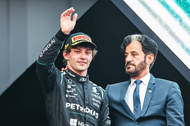 SEPANG, SGR - OCTOBER 04: Kimi Antonelli of Italy and Mercedes-AMG PETRONAS F1 Team celebrate on podium following the conclusion of the Formula 1 Gulf Air Bahrain Grand Prix on October 04, 2026 held at Sepang International Circuit in Sepang, Malaysia. (Photo by Hazrin Yeob Men Shah Icon Sportswire) AUTO: OCT 04 F1 Bahrain Grand Prix in Malaysia EDITORIAL USE ONLY Icon37826100411316