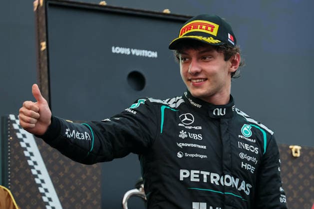 SEPANG, SGR - OCTOBER 04: Kimi Antonelli of Italy and Mercedes-AMG PETRONAS F1 Team celebrate on podium following the conclusion of the Formula 1 Gulf Air Bahrain Grand Prix on October 04, 2026 held at Sepang International Circuit in Sepang, Malaysia. (Photo by Hazrin Yeob Men Shah Icon Sportswire) AUTO: OCT 04 F1 Bahrain Grand Prix in Malaysia EDITORIAL USE ONLY Icon37826100411357