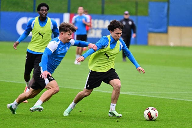 October 6, 2026, Soccer, Men s, 2nd Division Bundesliga, 2026–2027 Season, Holstein Kiel Practice, KSV Taisei Abe with the ball against Moritz Reimers Kiel, near Holstein Stadium Projensdorf, Training Center, Northern Schleswig-Holstein, Germany