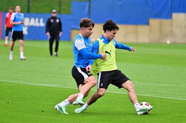 October 6, 2026, Soccer, Men s, 2nd Division Bundesliga, 2026–2027 Season, Holstein Kiel Practice, KSV Taisei Abe with the ball against Moritz Reimers Kiel, near Holstein Stadium Projensdorf, Training Center, Northern Schleswig-Holstein, Germany