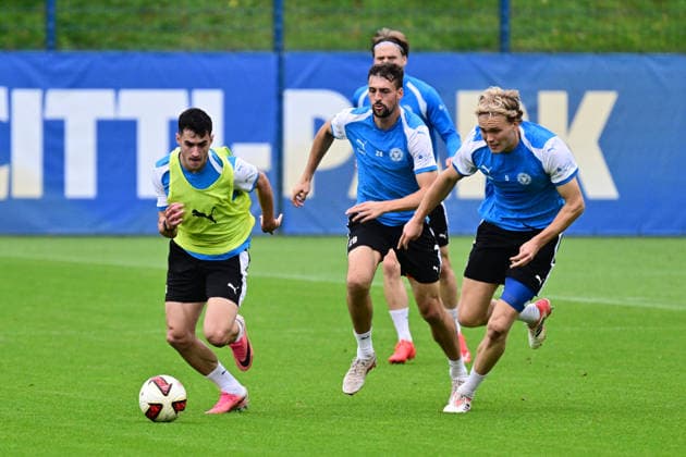 October 6, 2026, Soccer, Men s, 2nd Division Bundesliga, 2026–2027 Season, Holstein Kiel Practice, KSV Guillermo Balzi vs. Jonas Meffert and Noah Madsen, Kiel, near Holstein Stadium Projensdorf, Training Center, Northern Schleswig-Holstein, Germany