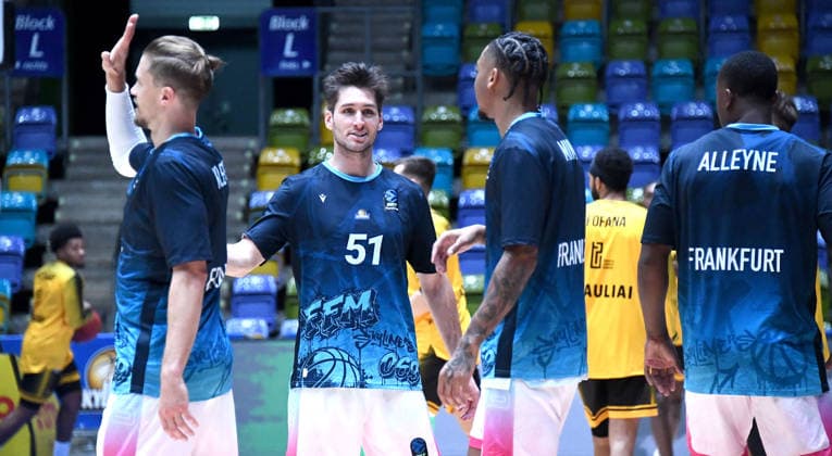 October 6, 2026, xokbx, Basketball BKT Europe Cup, Skyliners Frankfurt vs. Siauliai Basketball, Thomas Klepeisz, Fraport Skyliners Frankfurt, Ryan Arcidiacono, Fraport Skyliners Frankfurt; Judah Mintz, Fraport Skyliners Frankfurt; Nahiem Alleyne, Fraport Skyliners Frankfurt—facial expressions, gestures, emotions, and applause from Frankfurt