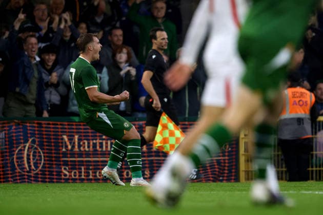 2027 UEFA Under 21 European Qualifier, Munster FA Turner s Cross, Cork 6 10 2026 Republic of Ireland vs England Ireland s Tommy Lonergan celebrates after he scores his sides 1st goal of the match Tommy Lonergan celebrates after he scores his sides 1st goal of the match 6 10 2026  Copyright: xx AC010295